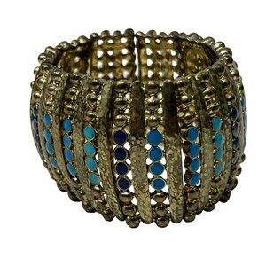 Gold Tone Bracelet Teal Blue Stones Stretch Wide‎ Cleopatra Bangle